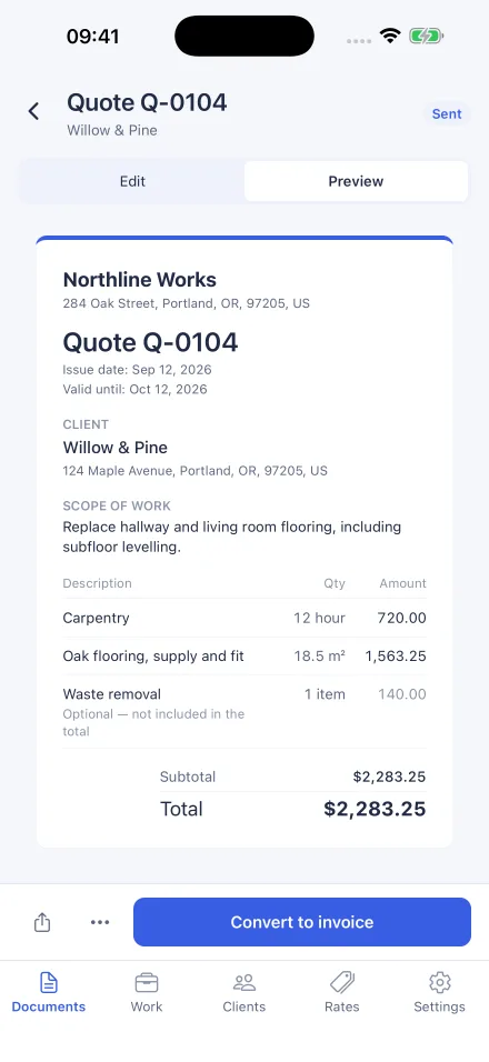 A sent quote in preview, with a Convert to invoice button.