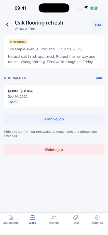 A job's detail page with its address, notes and linked quote.