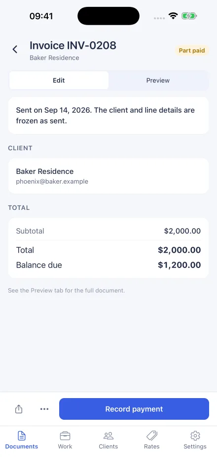 An issued invoice showing the total, a recorded deposit and the balance due.