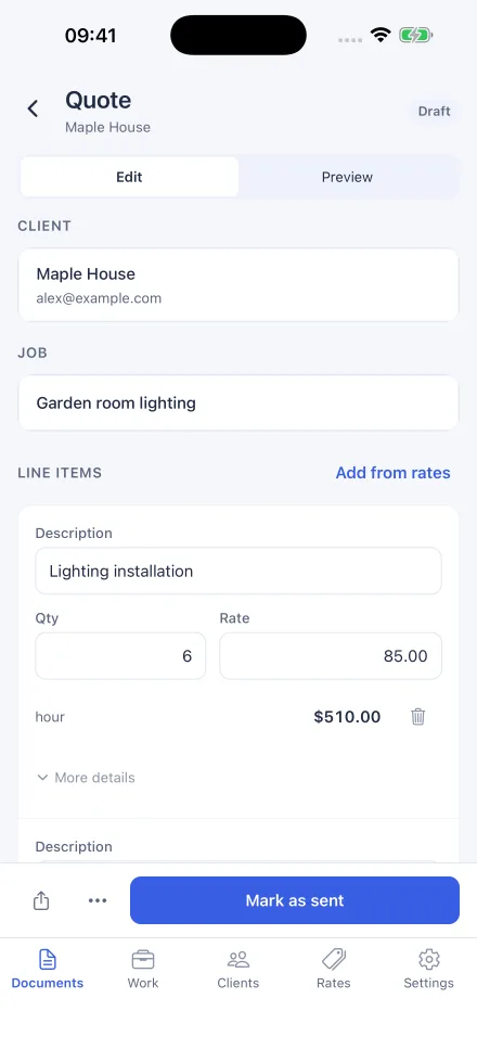Quote editor with a client, a job and line items taken from saved rates.