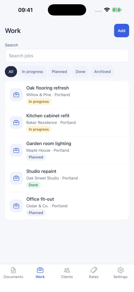 Work tab listing jobs by status: in progress, planned and done.